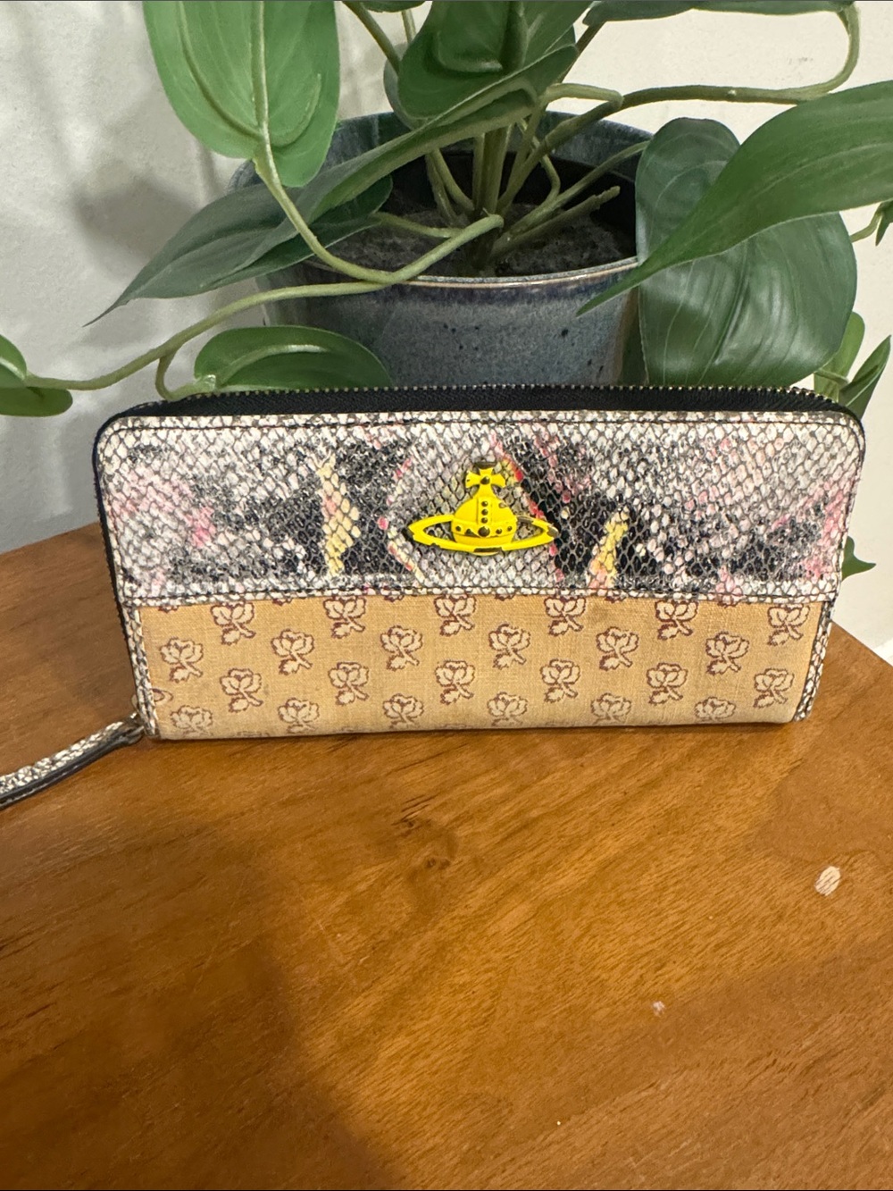 Vivienne Westwood Beige and Snake-Print Zip Around Wallet with Yellow Orb